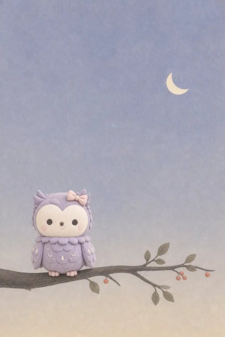 Luna the owl on a branch under a crescent moon